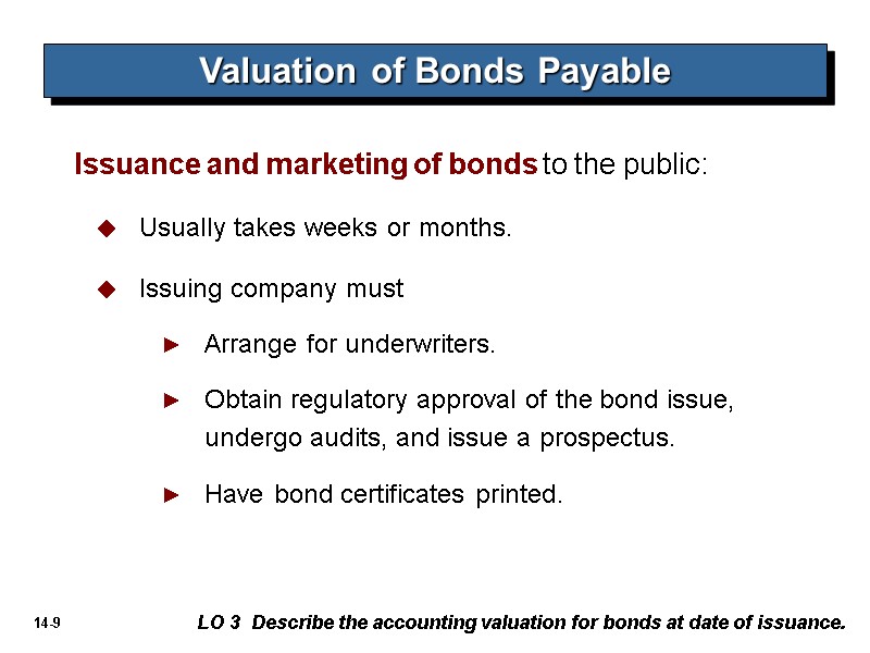 Valuation of Bonds Payable LO 3  Describe the accounting valuation for bonds at